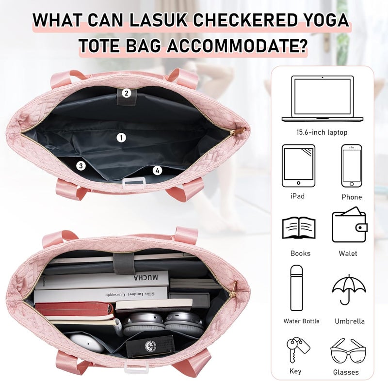 LASUK Tote Bag For Women, Checkered Zipper Laptop Shoulder Bag, Gym Tote Bag with Yoga Mat Bag, for Gym, Work, Travel, Shop - Image 4